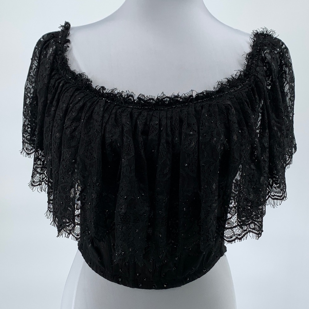 Vintage size XS Black Lace Basque Top Beaded Corset Antique Lace Overlay